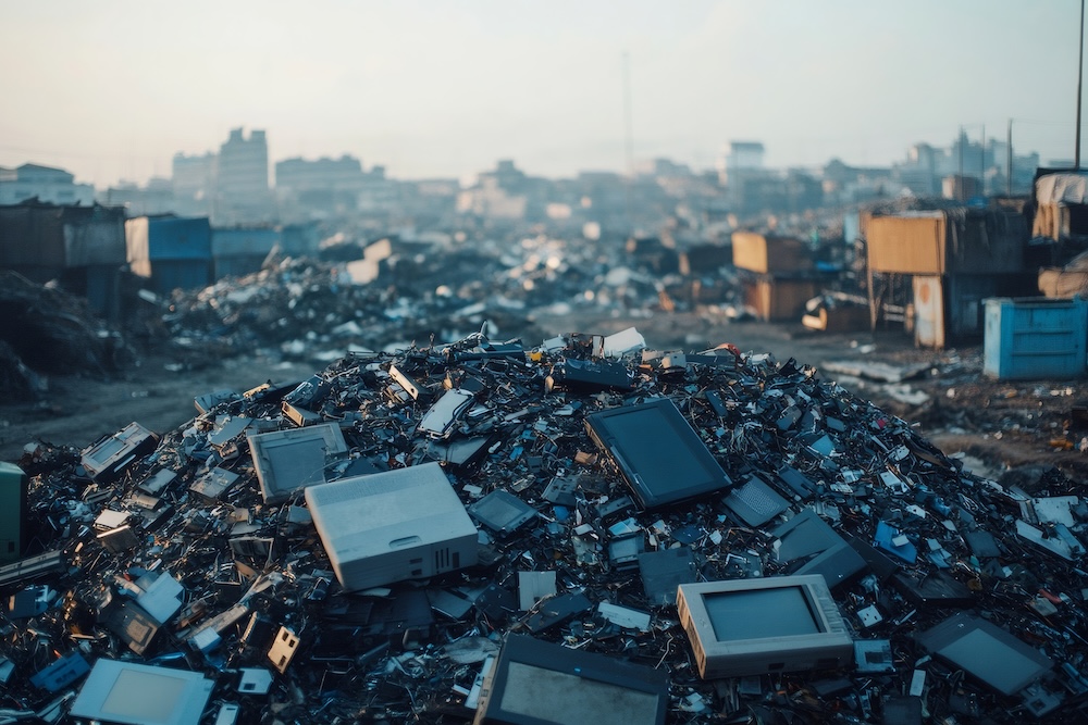 Huge pile of discarded computers, monitors, and electronic devices polluting the environment in a junkyard
