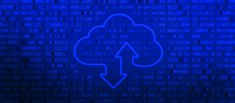 Code cloud computing digital concept. Armor cloud storage sign with two up and down arrows on blue background. Cloud technology. 3d rendering