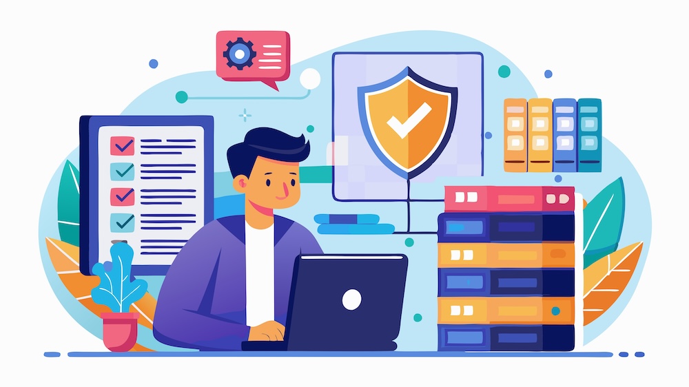 Protecting the digital backbone of the business. This image depicts an IT specialist monitoring computer systems, emphasizing the importance of system security and data protection