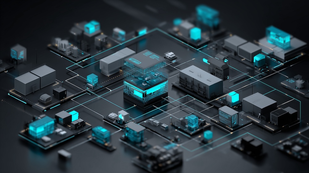 futuristic isometric ai driven logistics automation scene, smart warehouse and automated manufacturing process 3d visualization, intelligent supply chain technology with blue glowing data streams