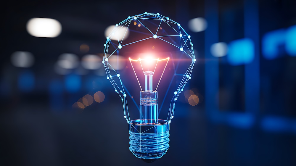 Creative glowing light bulb innovation idea concept with digital network