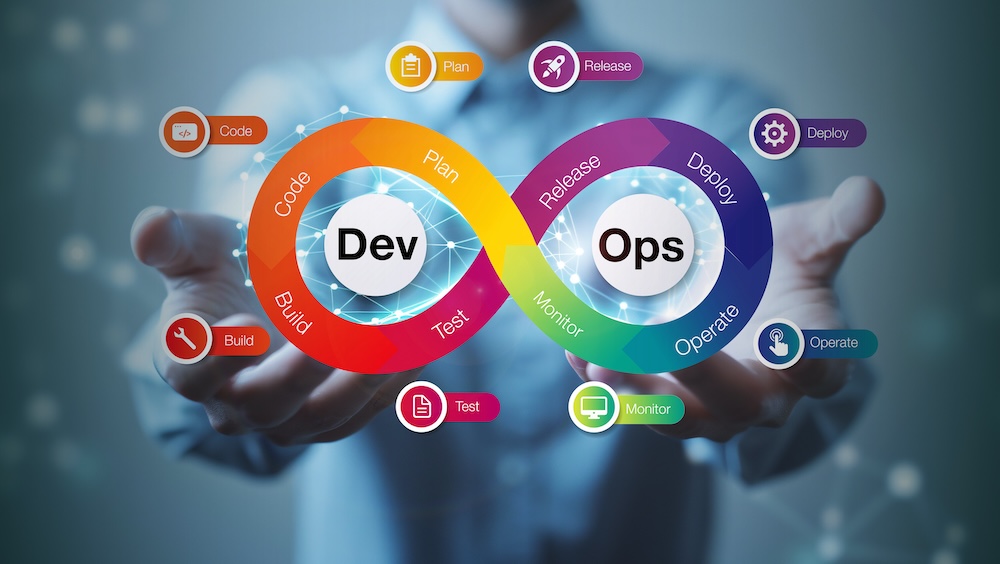 Illustration of the DevOps lifecycle showing the continuous process of planning, coding, building, testing, releasing, deploying, operating, and monitoring software applications through collaboration between development and IT operations teams.