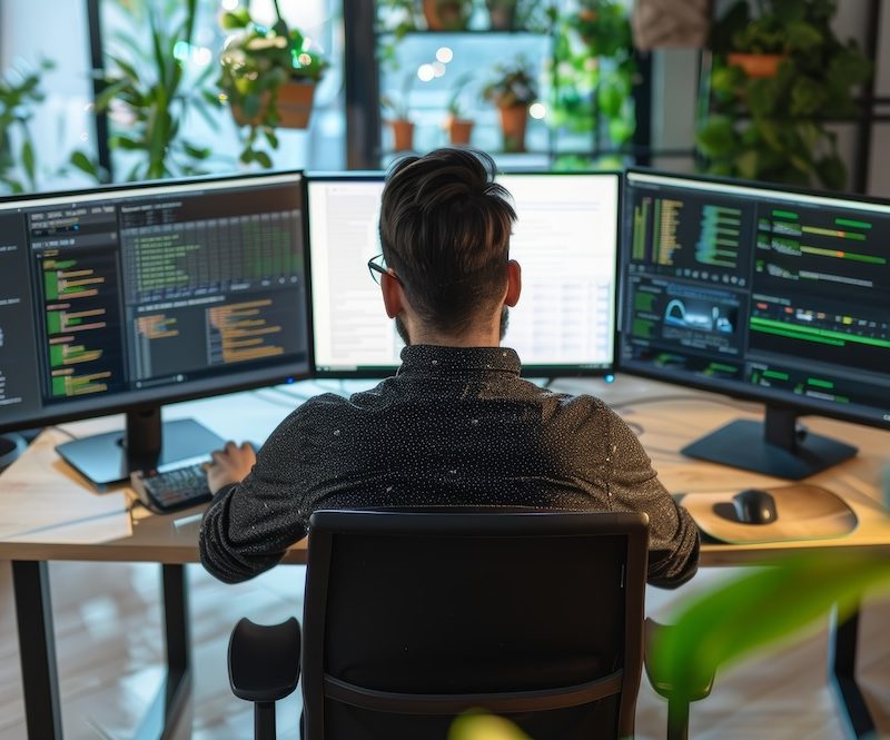 Developer managing DevOps infrastructure, software deployment, cloud operations, and system monitoring across multiple analytics dashboards.