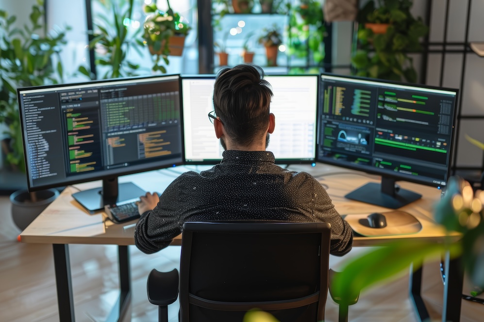 Developer managing DevOps infrastructure, software deployment, cloud operations, and system monitoring across multiple analytics dashboards.