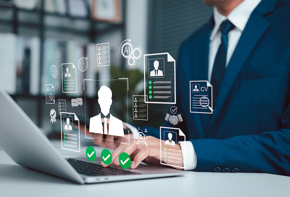 HR professional using laptop with virtual resume, CV screening, candidate selection, interview, verification and talent acquisition. Business process automation concept.