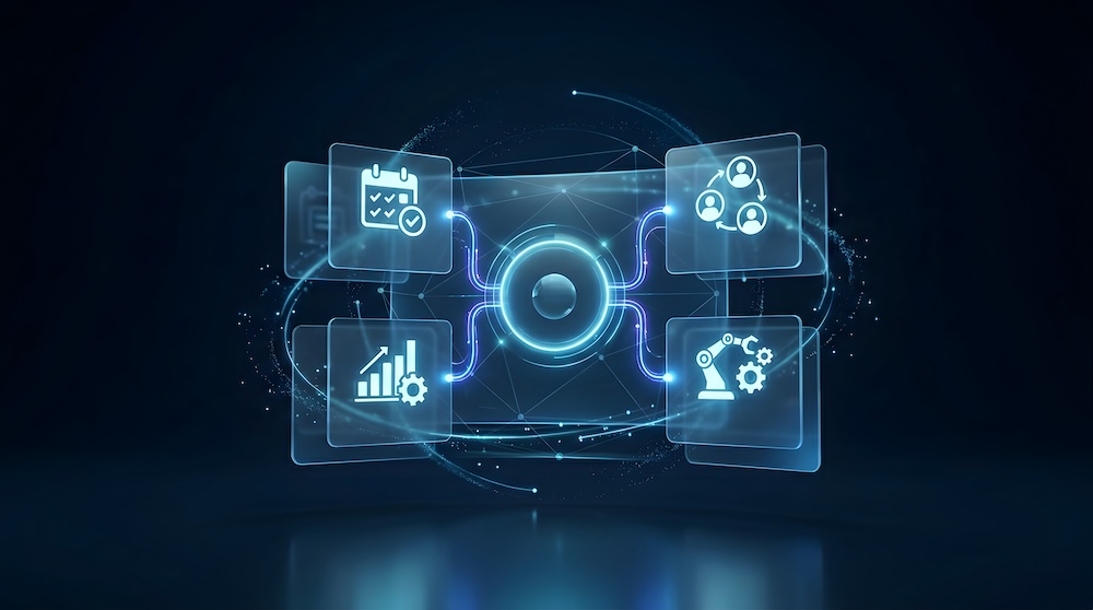 Illustration of connected business systems sharing data through a centralized digital platform.